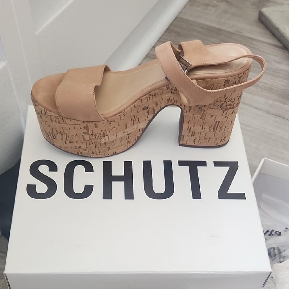 SCHUTZ Tan Platform Cork Wedge Sandals